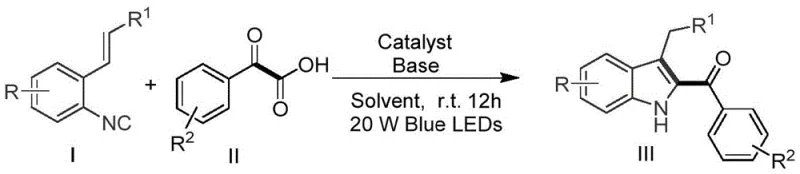 General reaction scheme showing o-alkenyl aryl isonitrile and alpha-keto acid converting to 2-acylindole