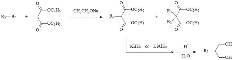 Traditional synthesis route using diethyl malonate showing byproduct formation