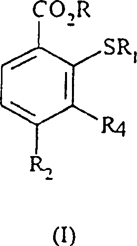 General chemical structure of 2-alkylthio benzoic acid derivatives (Formula I) showing variable substituents R, R1, R2, and R4