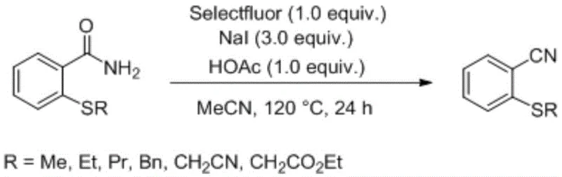 General reaction scheme for Selectfluor mediated dehydration of 2-alkylthiobenzamide to nitrile