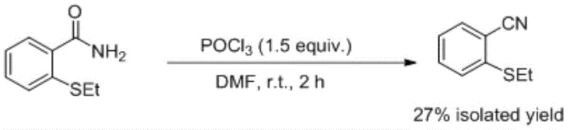 Conventional synthesis of 2-ethylthiobenzonitrile using toxic POCl3 yielding only 27%