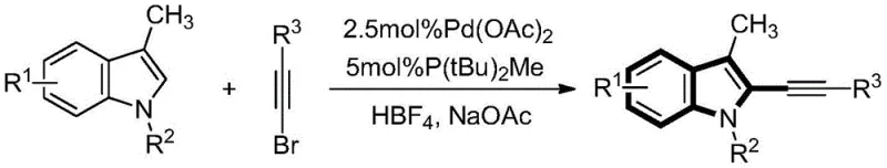 Palladium-catalyzed coupling reaction showing indole derivative with alkyne bromide using Pd(OAc)₂ catalyst