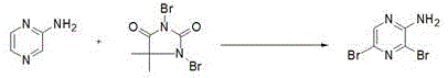 Bromination reaction of 2-aminopyrazine with DBDMH to form 2-amino-3 5-dibromopyrazine