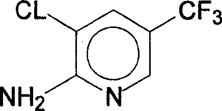 Chemical structure of 2-amino-3-chloro-5-trifluoromethylpyridine showing the pyridine ring substituted with amino, chloro, and trifluoromethyl groups