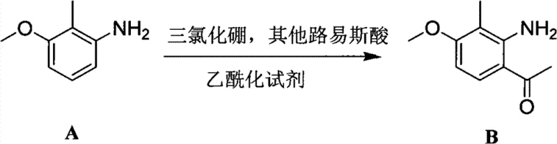 Reaction scheme showing Friedel-Crafts acylation of Compound A to Compound B using BCl3 and Lewis Acid