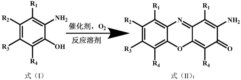 General reaction scheme showing catalytic oxidation of o-aminophenol to phenoxazinone using Ce-Mn catalyst and oxygen
