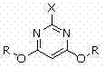 General chemical structure of 2-substituted-4,6-dialkoxy pyrimidine showing variable substituents X and R groups