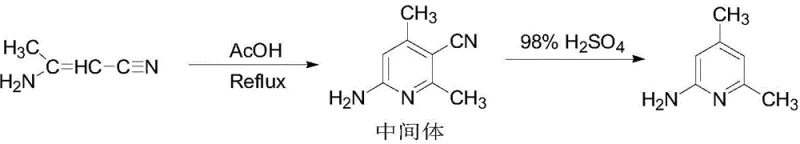 Synthesis route of 2-amino-4,6-lutidine from 3-aminocrotonenitrile via intermediate cyclization and hydrolysis