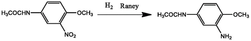 Reaction scheme showing the catalytic hydrogenation of 2-nitro-4-acetamidoanisole to 2-amino-4-acetamidoanisole using H2 and Raney Nickel
