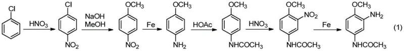 Traditional six-step chlorobenzene synthesis route showing complex reaction pathway