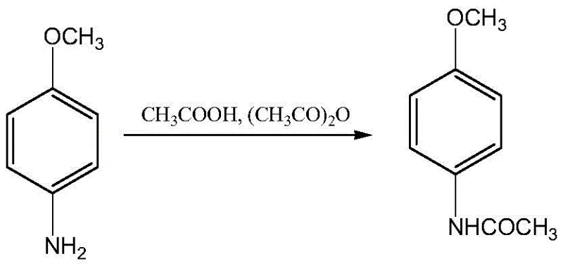 Acetylation reaction of p-anisidine to p-acetamino anisole using acetic acid and acetic anhydride