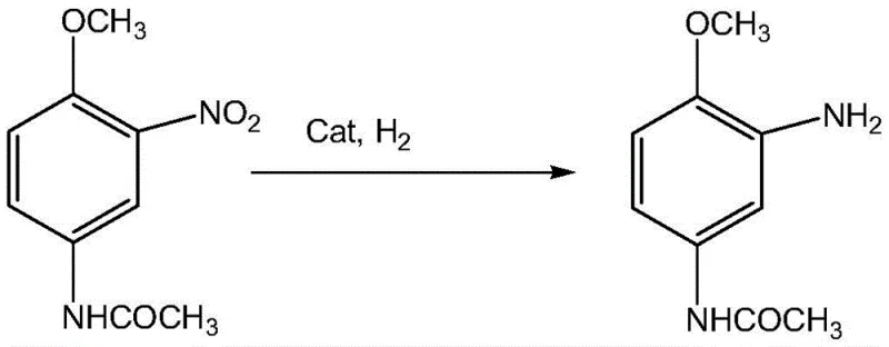 Secondary catalytic hydrogenation of 2-nitro-4-acetamino anisole to 2-amino-4-acetamino anisole