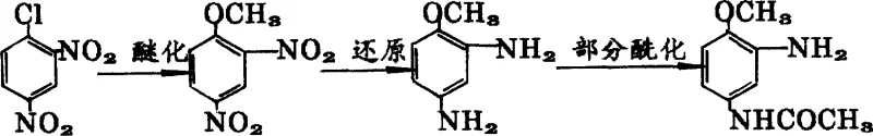Reaction scheme showing the conversion of 2,4-dinitrochlorobenzene to 2-amino-4-acetaminoanisole via etherification, reduction, and partial acylation