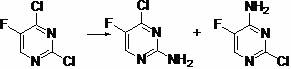 Reaction scheme showing the conversion of 2,4-dichloro-5-fluoropyrimidine to a mixture of amino-chloro isomers via ammonolysis