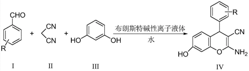 General reaction scheme for synthesizing 2-amino-4H-chromene derivatives using Brönstedt basic ionic liquid in water