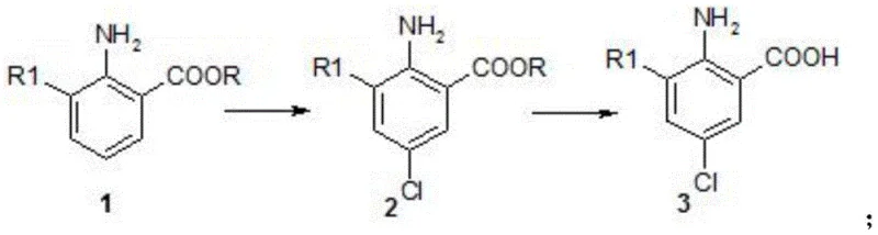 Three-step synthetic route showing esterification, chlorination, and saponification to form the final acid