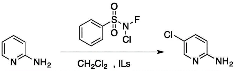 Reaction scheme showing chlorination of 2-aminopyridine to 2-amino-5-chloropyridine using NFCBSA and ionic liquid catalyst