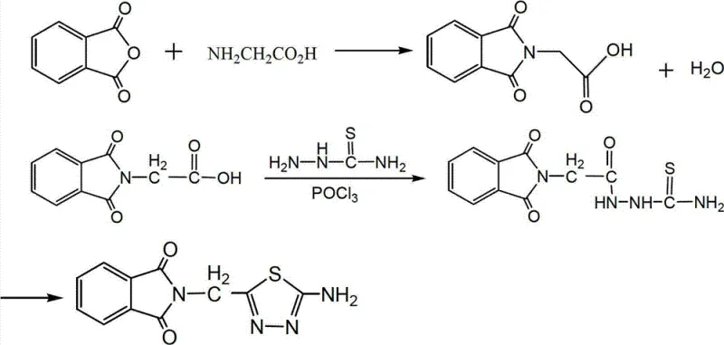 Reaction scheme showing the synthesis of 2-amino-5-isoindoline-1,3-dione methyl 1,3,4-thiadiazole from phthalic anhydride and glycine