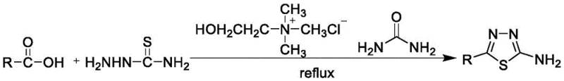 Reaction scheme showing the synthesis of 2-amino-5-substituted-1,3,4-thiadiazole from carboxylic acid and thiosemicarbazide using Choline Chloride/Urea DES