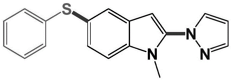 Chemical structure of the target product from Example 1 showing 2-amino-5-thioindole scaffold