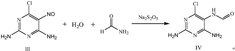 Reduction and acylation reaction converting Compound III to intermediate Compound IV using formamide and sodium metabisulfite