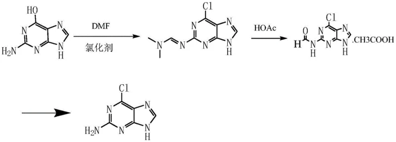 Conventional synthesis route of 2-amino-6-chloropurine via DMF and chlorinating agent showing complex intermediate formation