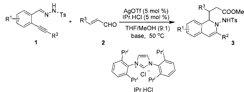 General reaction scheme showing the synthesis of 2-amino-1,2-dihydroisoquinoline derivatives from o-alkynyl benzylhydrazone and unsaturated aldehydes using AgOTF and NHC catalysts