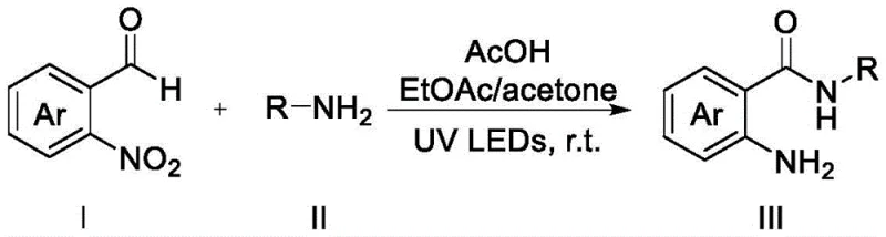 General reaction scheme showing UV-induced synthesis of 2-aminobenzamide from 2-nitrobenzaldehyde and primary amine