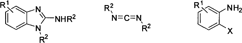 General reaction scheme for preparing 2-aminobenzimidazole derivatives from o-haloaniline and carbodiimide