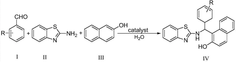 General reaction scheme for synthesizing 2'-aminobenzothiazole-arylmethyl-2-naphthol derivatives using aromatic aldehydes, 2-aminobenzothiazole, and beta-naphthol