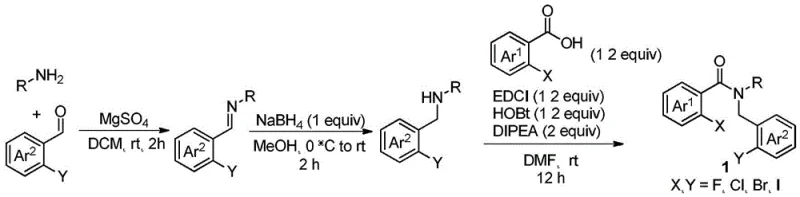Synthesis of the starting material Formula 1 via amidation of benzoic acid derivative with substituted benzylamine