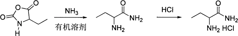 Reaction scheme showing the conversion of 2-aminobutyric acid to 4-ethyl-2,5-oxazolidinedione and subsequently to 2-aminobutanamide hydrochloride