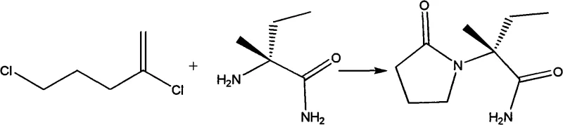 Chemical reaction showing the cyclization of 4-chlorobutyryl chloride and L-2-aminobutyramide to form Levetiracetam