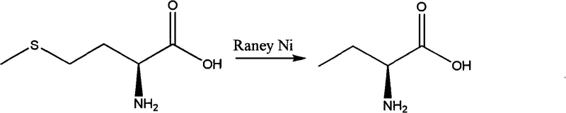 Reaction scheme showing the conversion of Methionine to Aminobutyric acid using Raney Nickel catalyst