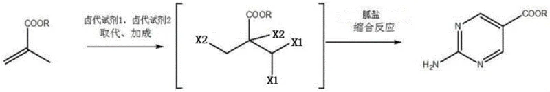 Novel synthesis scheme showing halogenation of methacrylate followed by guanidine condensation