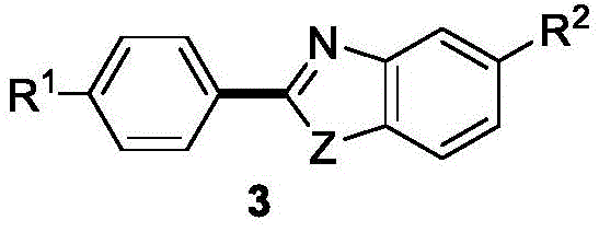 General structural formula of the target 2-aryl benzoxazole compound 3 showing variable substituents R1, R2 and heteroatom Z