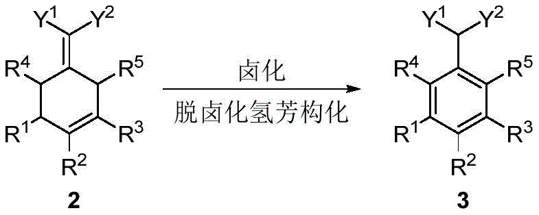 Halogenation and dehydrohalogenation aromatization converting intermediate 2 to product 3