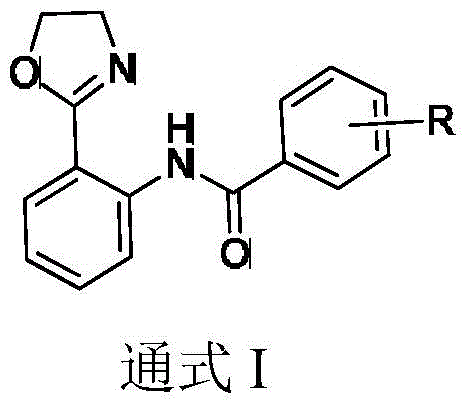 General structural formula of 2-aryl oxazoline amide compounds showing variable R groups