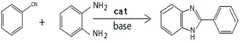 General reaction scheme showing the condensation of benzonitrile and o-phenylenediamine to form 2-arylbenzimidazole catalyzed by metal salts