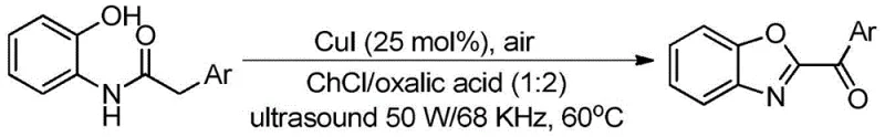 General reaction scheme showing the conversion of N-(2-hydroxyphenyl)-2-arylacetamide to 2-arylformyl benzoxazole using CuI and DES under ultrasound