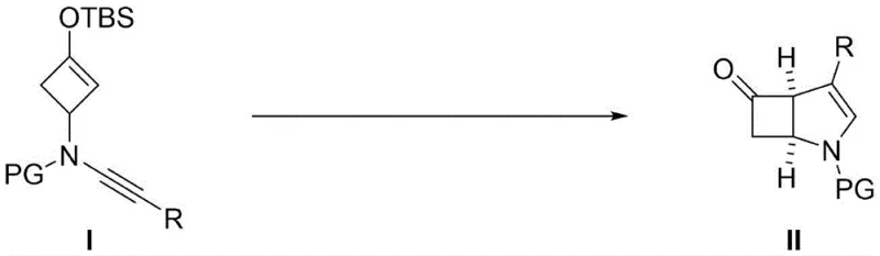 General reaction scheme for copper-catalyzed synthesis of 2-azabicyclo[3.2.0] compounds from Formula I to Formula II