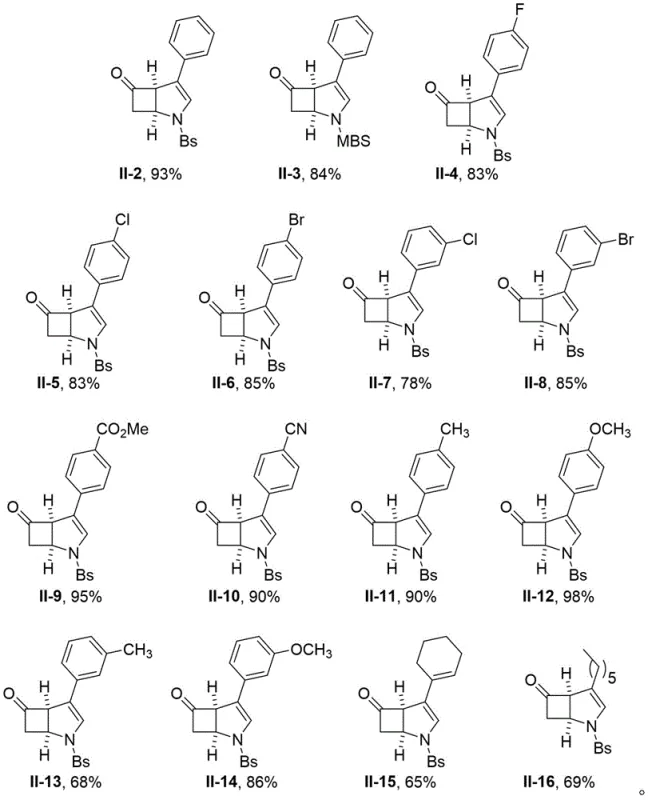 Substrate scope showing diverse 2-azabicyclo[3.2.0] derivatives II-2 to II-16 with various substituents