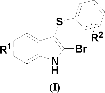 General chemical structure of 2-bromo-3-arylmercaptoindole Formula I showing variable substituents R1 and R2