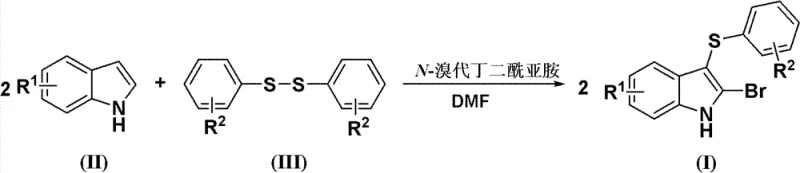 Synthesis reaction scheme showing Indole II reacting with Diaryldisulfide III and NBS to form 2-bromo-3-arylmercaptoindole I