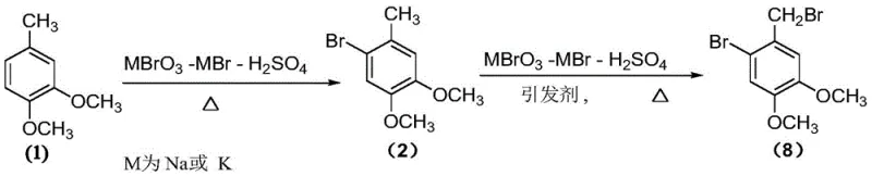 Overall one-pot reaction scheme showing conversion of 3,4-dimethoxytoluene to 2-bromo-4,5-dimethoxybenzyl bromide