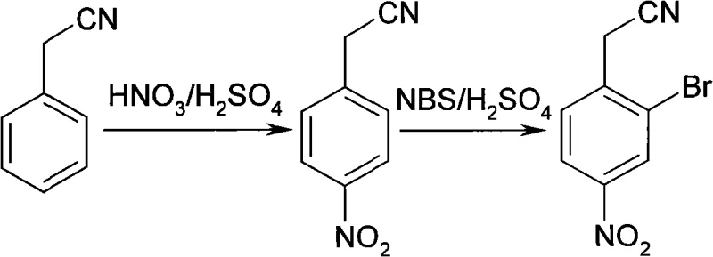 Reaction scheme showing the two-step synthesis from phenylacetonitrile to 2-bromo-4-nitrophenylacetonitrile via nitration and NBS bromination