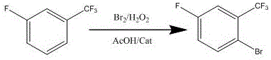 Reaction scheme showing the oxidative bromination of m-fluorobenzotrifluoride to 2-bromo-5-fluorobenzotrifluoride using Br2 and H2O2