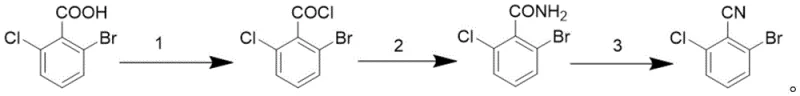Reaction scheme showing the three-step conversion of 2-bromo-6-chlorobenzoic acid to 2-bromo-6-chlorobenzonitrile via acyl chloride and amide intermediates