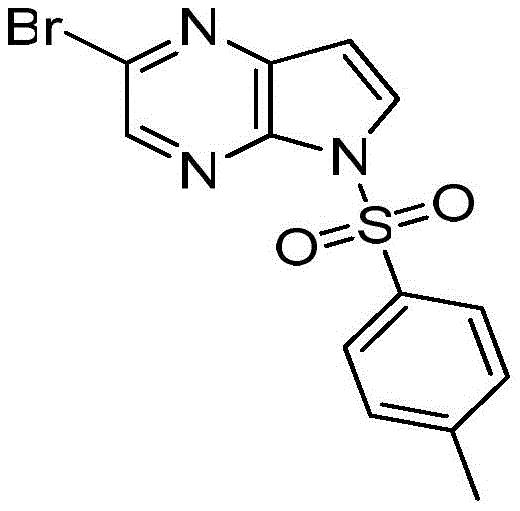 Chemical structure of 2-bromo-5-p-toluenesulfonyl-5H-pyrrolopyrazine showing the bromo and tosyl substituents on the fused ring system