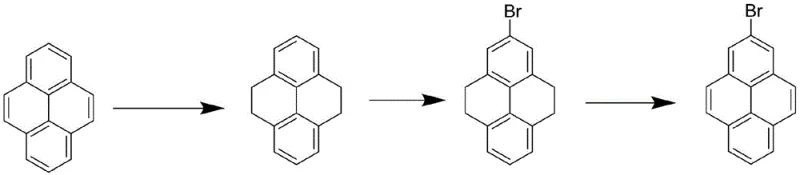 Conventional three-step synthesis of 2-bromopyrene via pyrene hydrogenation and bromination showing low yields